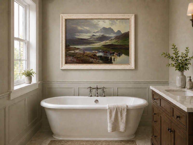 Landscape Oil Painting - Mountain lake pasture & herder, cattle
