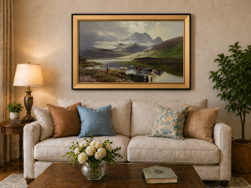 Landscape Oil Painting - Mountain lake pasture & herder, cattle