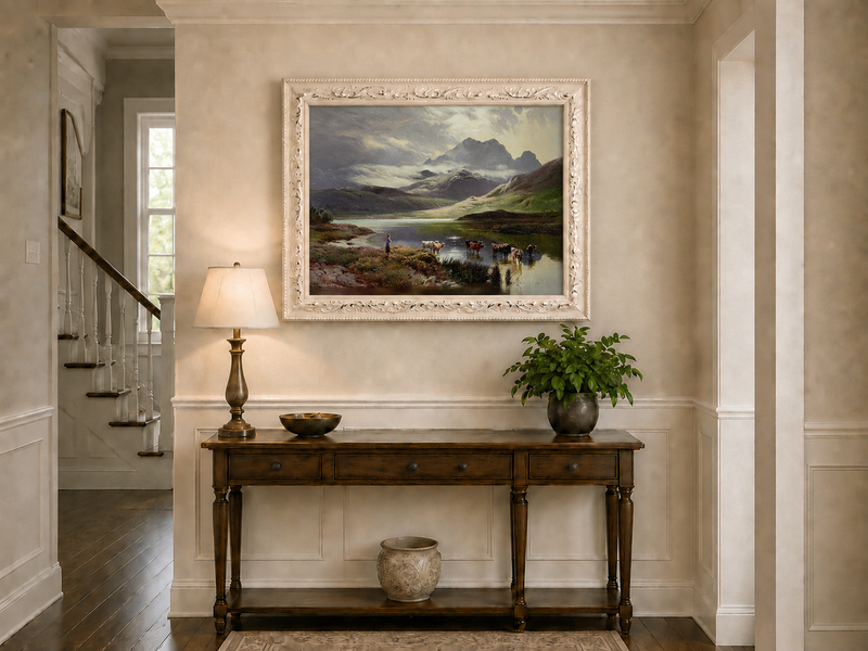 Landscape Oil Painting - Mountain lake pasture & herder, cattle