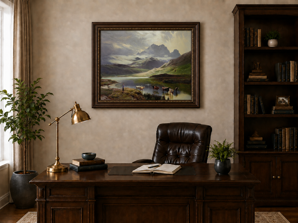 Landscape Oil Painting - Mountain lake pasture & herder, cattle