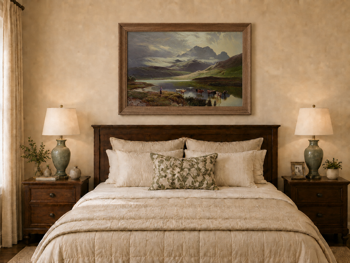 Landscape Oil Painting - Mountain lake pasture & herder, cattle