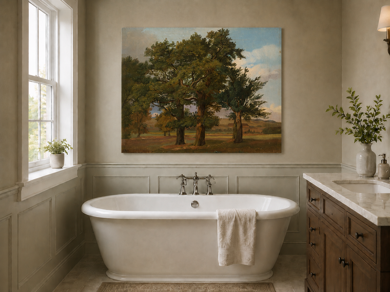 Peinture à l'huile de paysage - Gouffre rocheux spectaculaire avec personnages