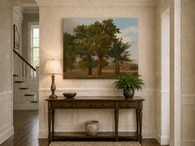Peinture à l'huile de paysage - Gouffre rocheux spectaculaire avec personnages