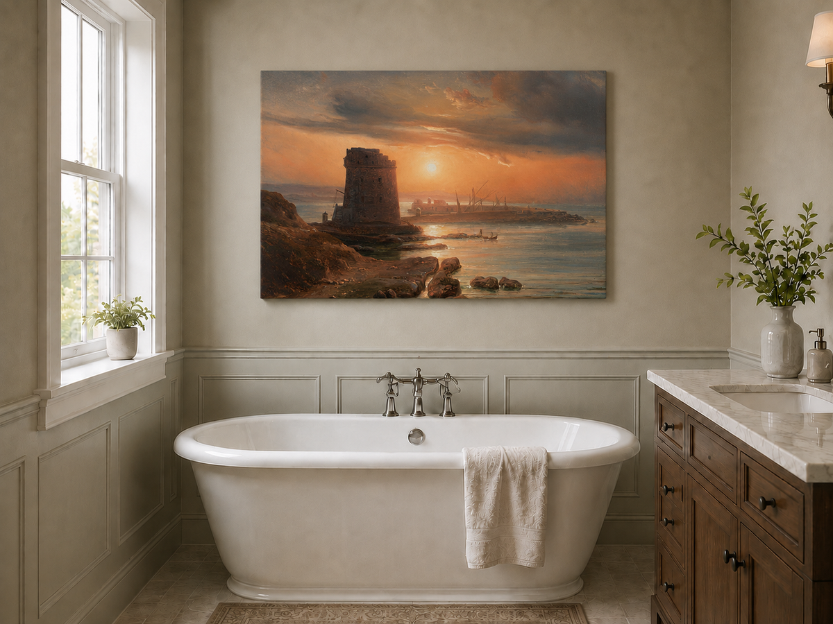 Peinture à l'huile de paysage - Gouffre rocheux spectaculaire avec personnages