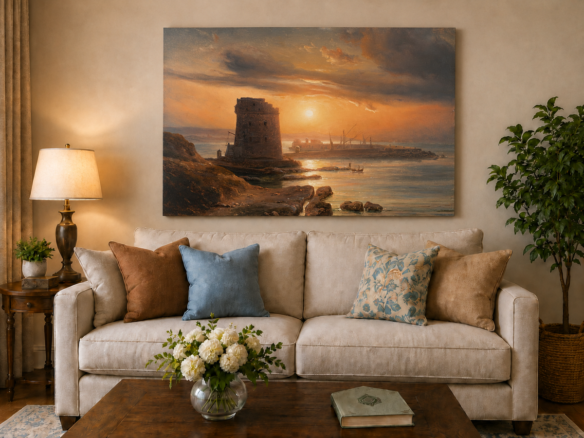 Peinture à l'huile de paysage - Gouffre rocheux spectaculaire avec personnages