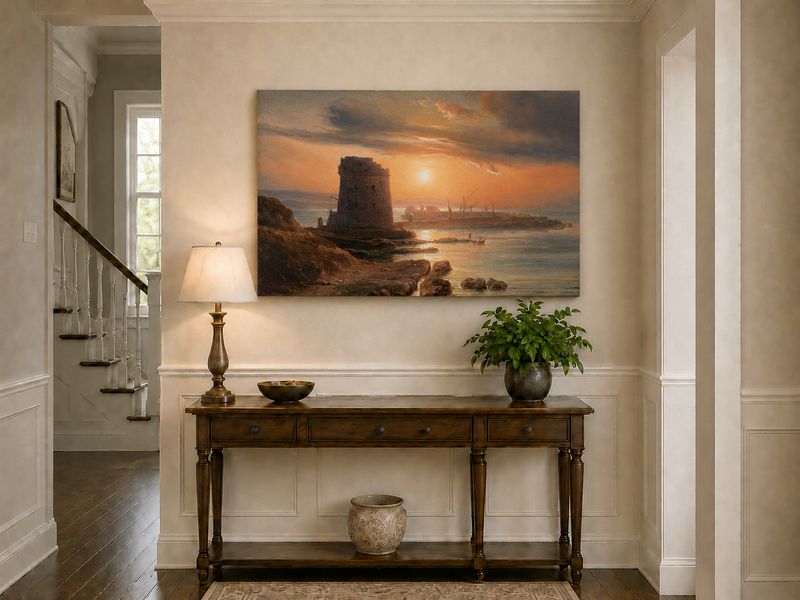 Peinture à l'huile de paysage - Gouffre rocheux spectaculaire avec personnages