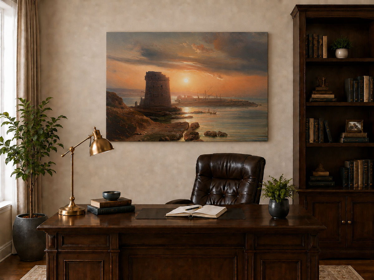 Peinture à l'huile de paysage - Gouffre rocheux spectaculaire avec personnages