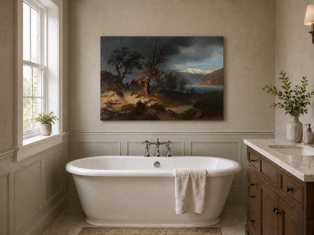 Landscape Oil Painting - Stormy Fjord with Bare Trees and Rider