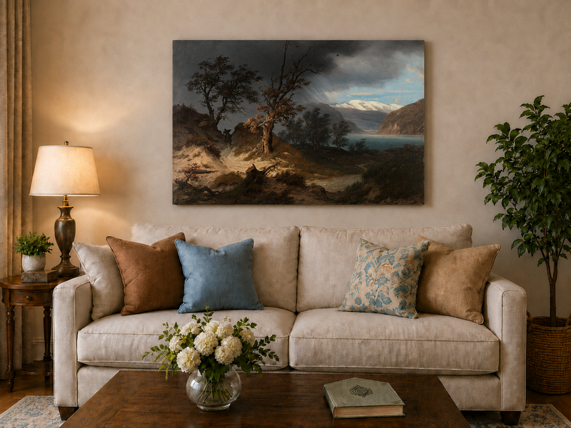 Landscape Oil Painting - Stormy Fjord with Bare Trees and Rider