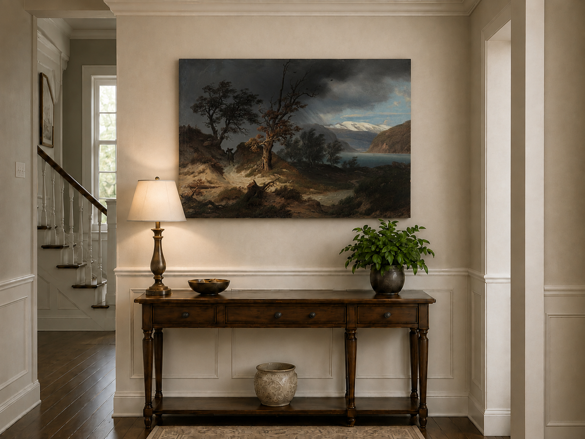 Landscape Oil Painting - Stormy Fjord with Bare Trees and Rider
