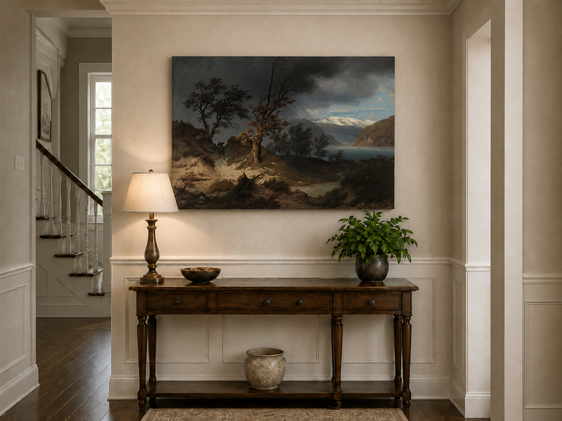 Landscape Oil Painting - Stormy Fjord with Bare Trees and Rider