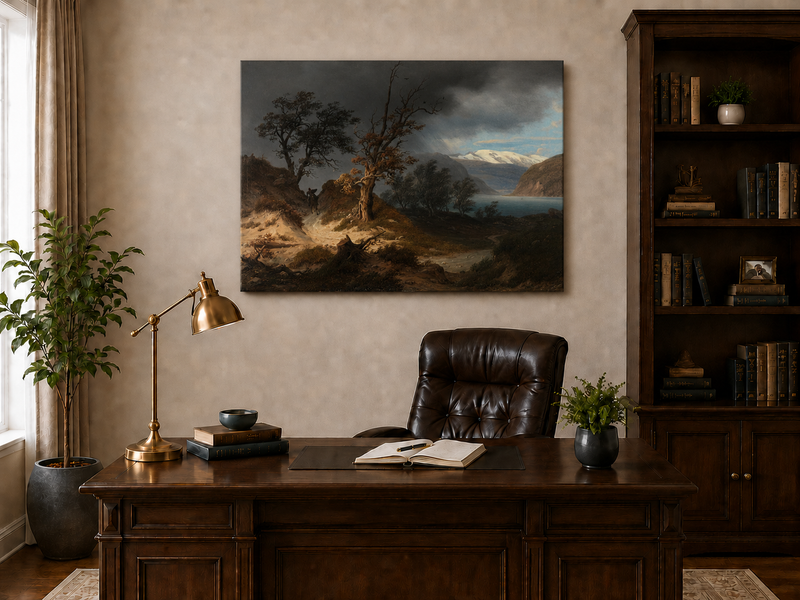 Landscape Oil Painting - Stormy Fjord with Bare Trees and Rider