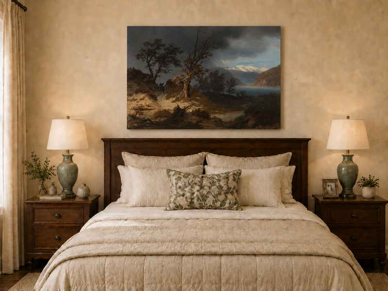 Landscape Oil Painting - Stormy Fjord with Bare Trees and Rider