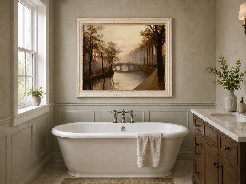 Landscape Oil Painting - Misty Amsterdam Canal with Arched Bridge