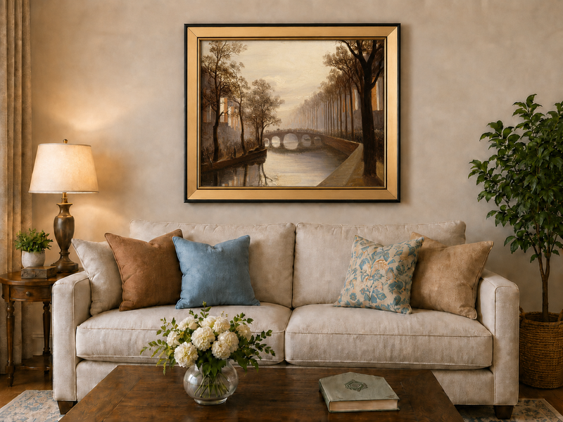 Landscape Oil Painting - Misty Amsterdam Canal with Arched Bridge
