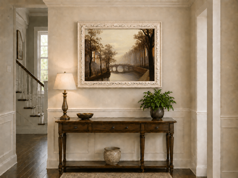 Landscape Oil Painting - Misty Amsterdam Canal with Arched Bridge