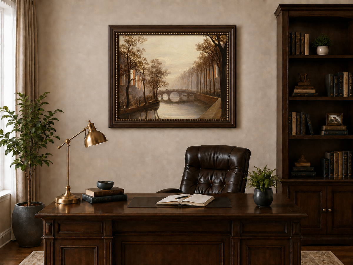 Landscape Oil Painting - Misty Amsterdam Canal with Arched Bridge