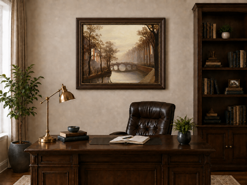 Landscape Oil Painting - Misty Amsterdam Canal with Arched Bridge