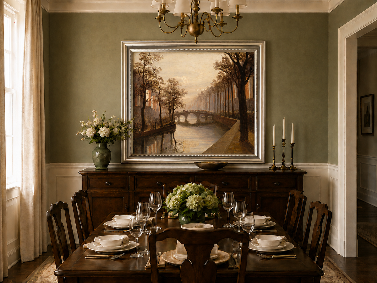 Landscape Oil Painting - Misty Amsterdam Canal with Arched Bridge
