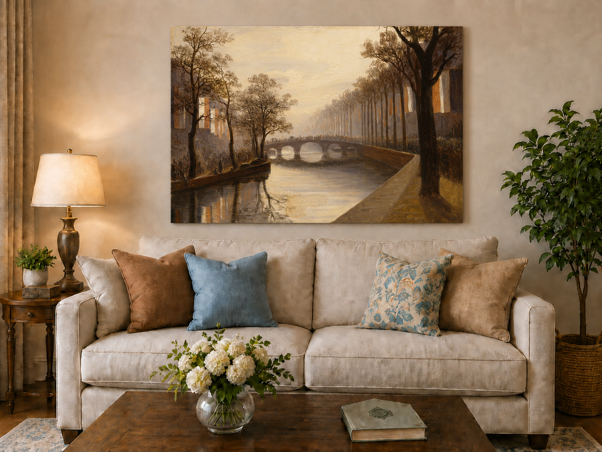 Landscape Oil Painting - Misty Amsterdam Canal with Arched Bridge