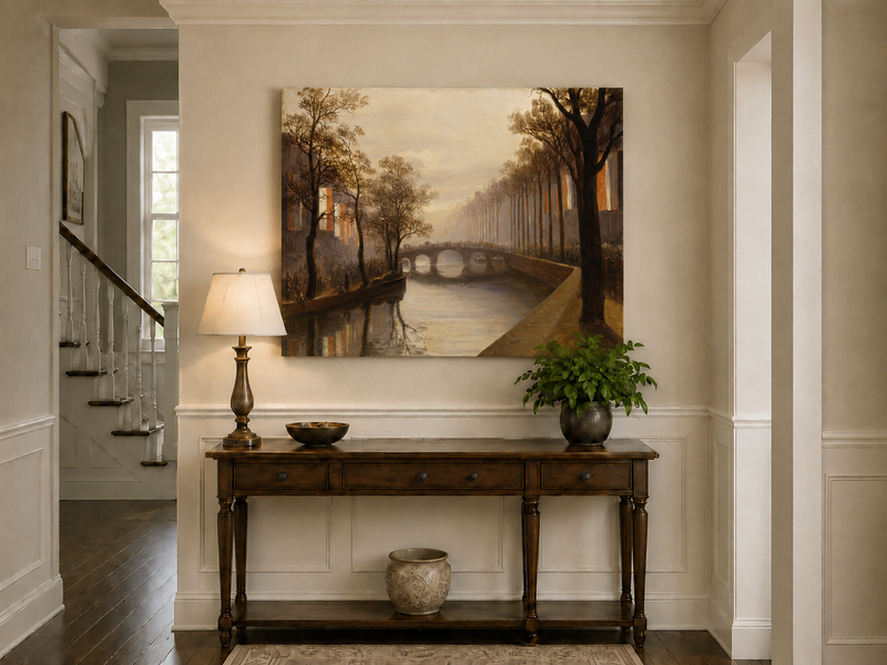 Landscape Oil Painting - Misty Amsterdam Canal with Arched Bridge