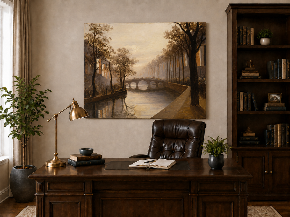 Landscape Oil Painting - Misty Amsterdam Canal with Arched Bridge