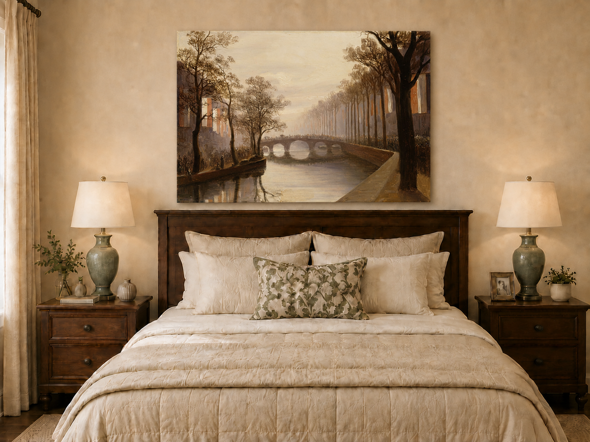 Landscape Oil Painting - Misty Amsterdam Canal with Arched Bridge