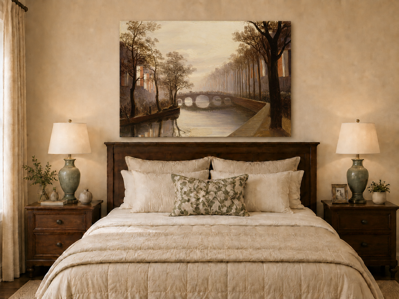 Landscape Oil Painting - Misty Amsterdam Canal with Arched Bridge