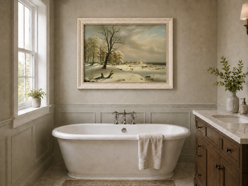 Landscape Oil Painting - Winter Coast with Old Oak and Village