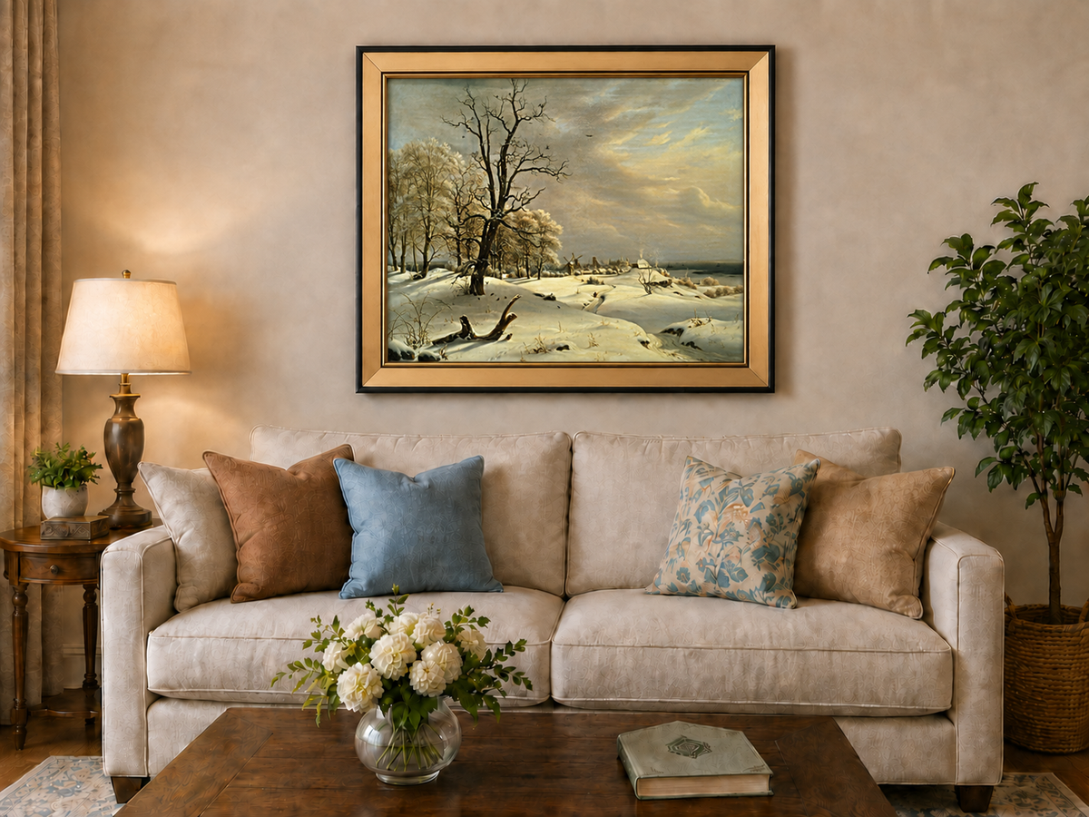 Landscape Oil Painting - Winter Coast with Old Oak and Village
