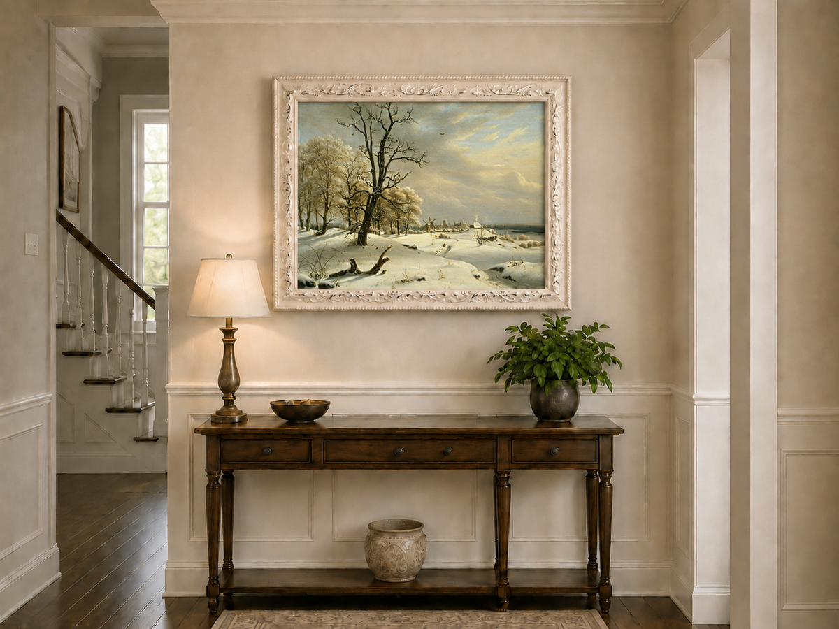 Landscape Oil Painting - Winter Coast with Old Oak and Village