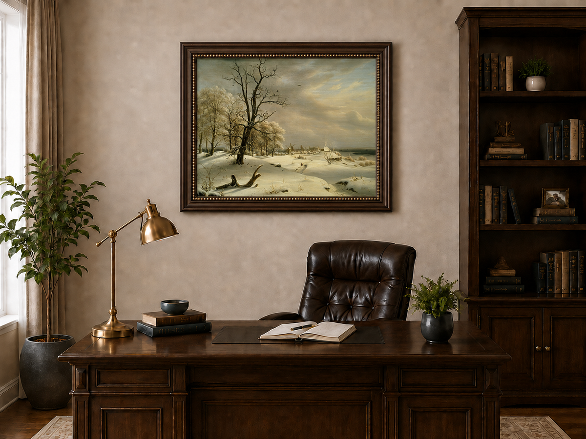 Landscape Oil Painting - Winter Coast with Old Oak and Village
