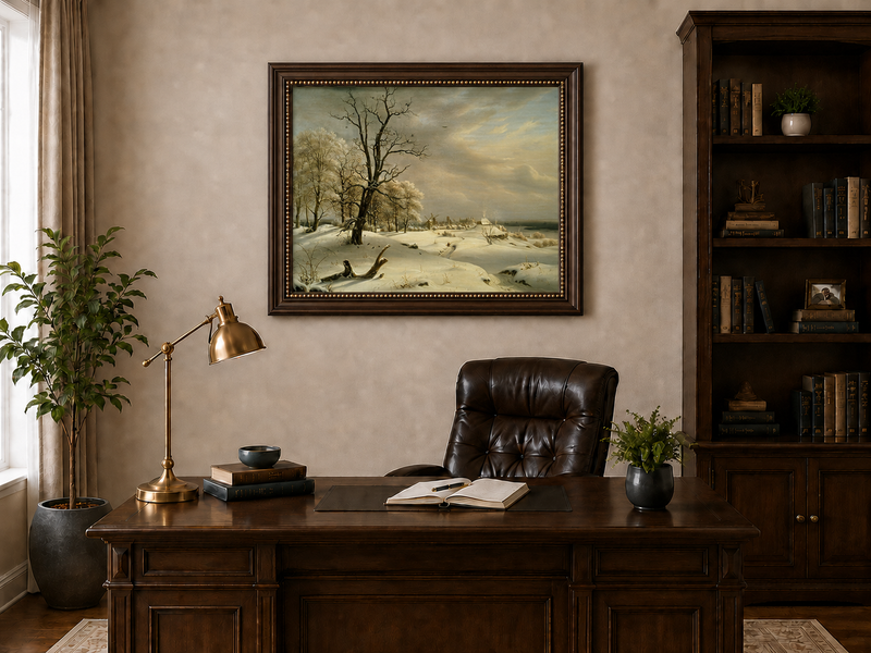 Landscape Oil Painting - Winter Coast with Old Oak and Village