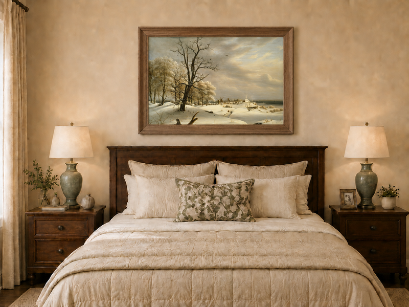 Landscape Oil Painting - Winter Coast with Old Oak and Village