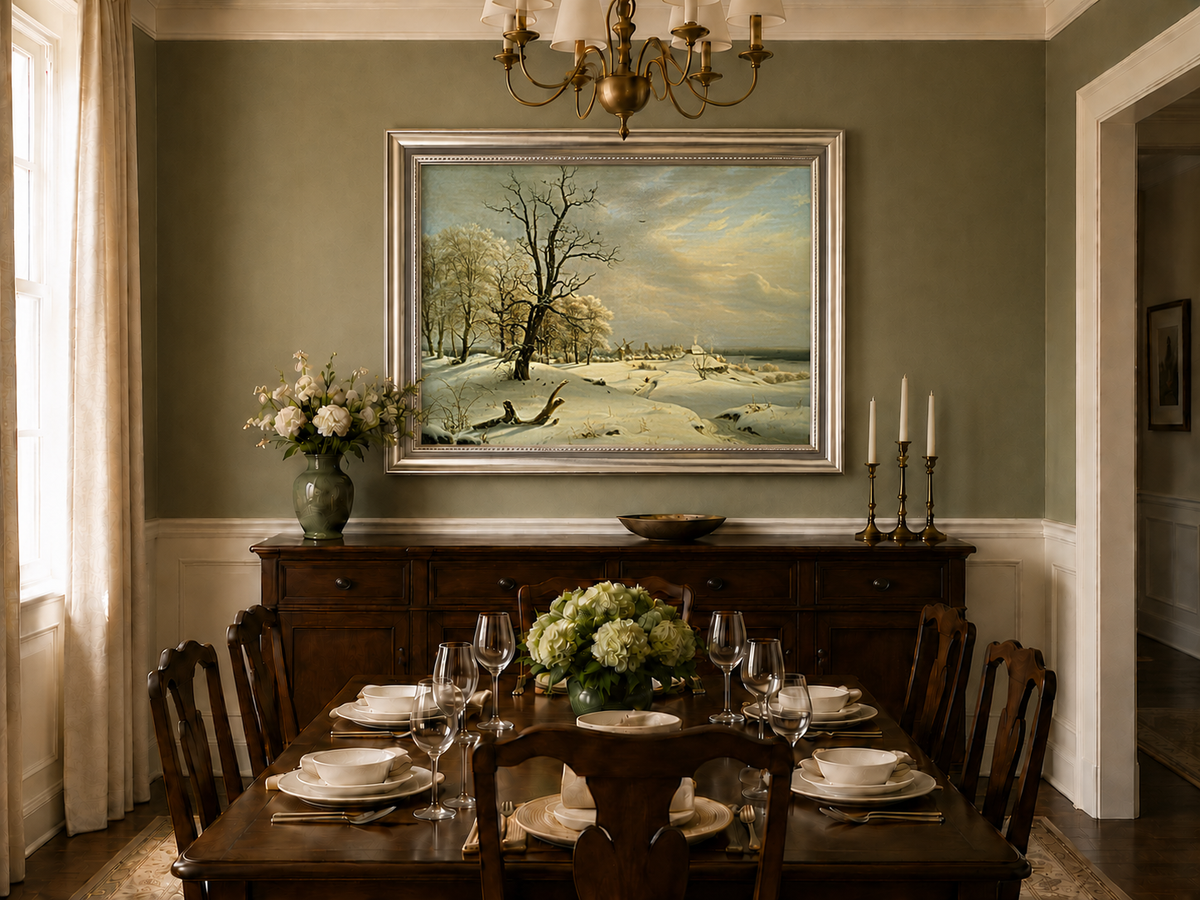 Landscape Oil Painting - Winter Coast with Old Oak and Village