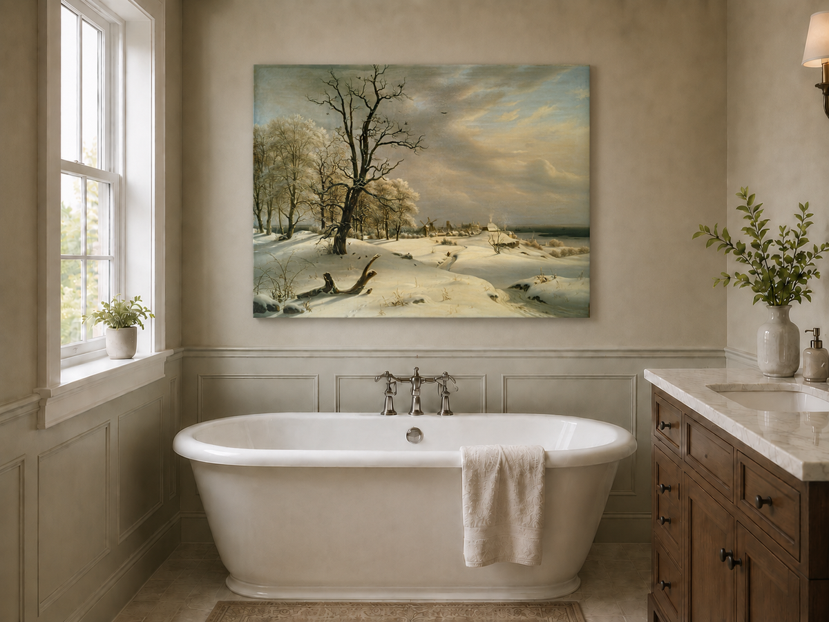 Landscape Oil Painting - Winter Coast with Old Oak and Village
