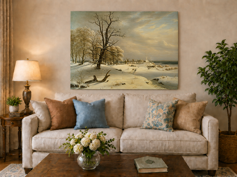Landscape Oil Painting - Winter Coast with Old Oak and Village