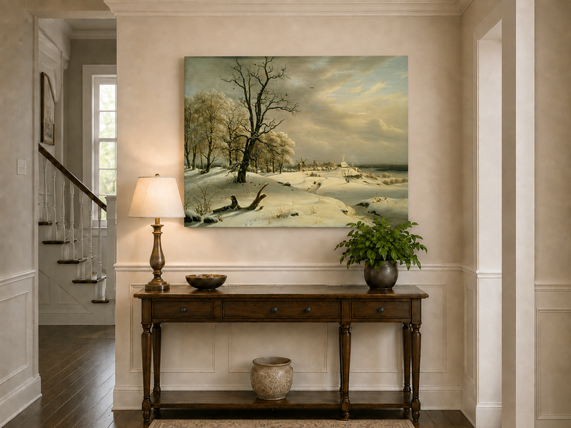 Landscape Oil Painting - Winter Coast with Old Oak and Village
