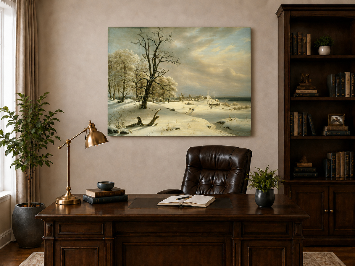 Landscape Oil Painting - Winter Coast with Old Oak and Village