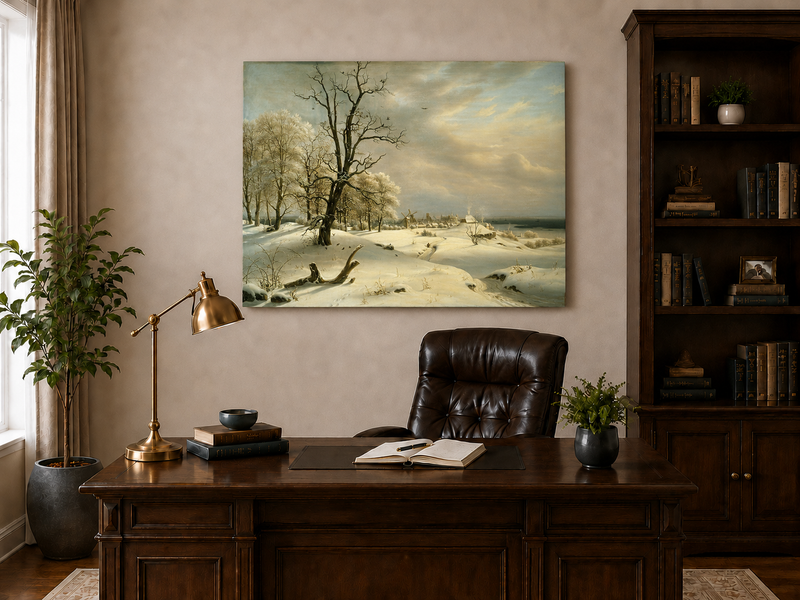 Landscape Oil Painting - Winter Coast with Old Oak and Village