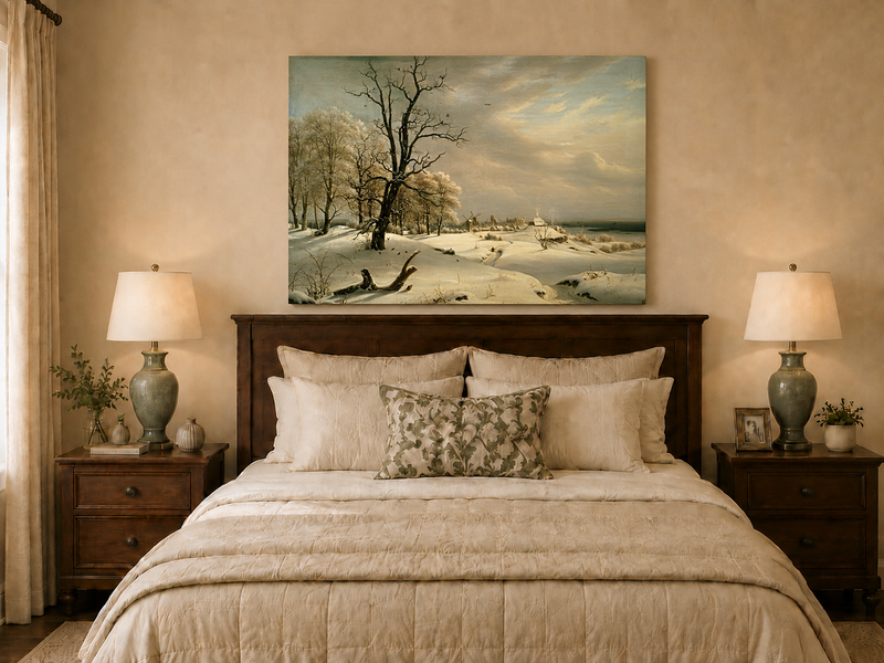 Landscape Oil Painting - Winter Coast with Old Oak and Village
