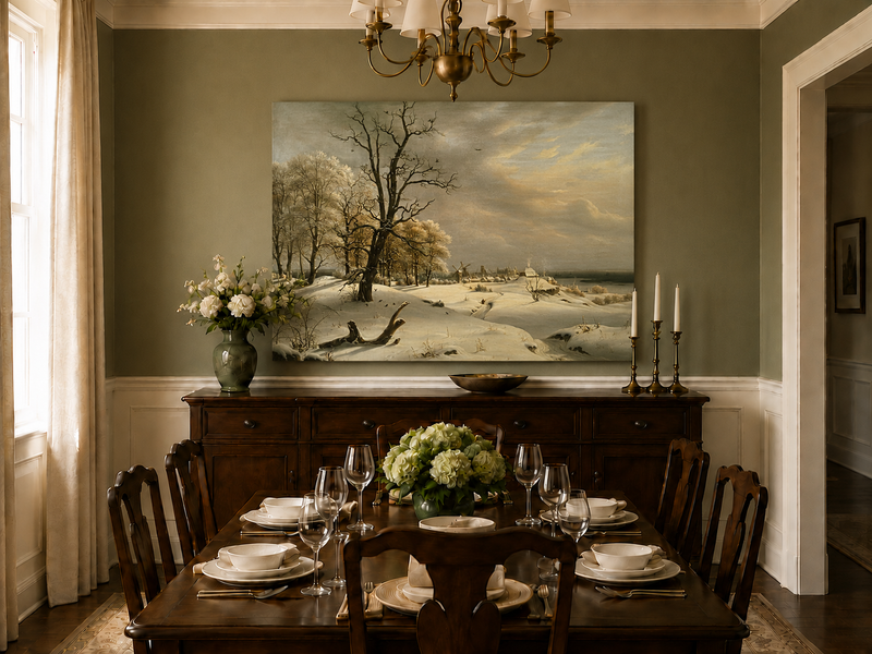 Landscape Oil Painting - Winter Coast with Old Oak and Village