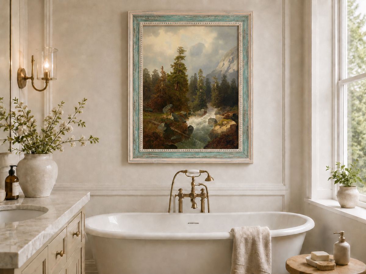 Peinture à l'huile de paysage - Forêt de montagne avec ruisseau.
