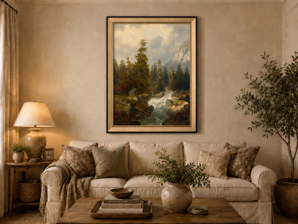Peinture à l'huile de paysage - Forêt de montagne avec ruisseau.