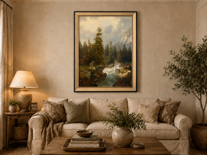 Peinture à l'huile de paysage - Forêt de montagne avec ruisseau.