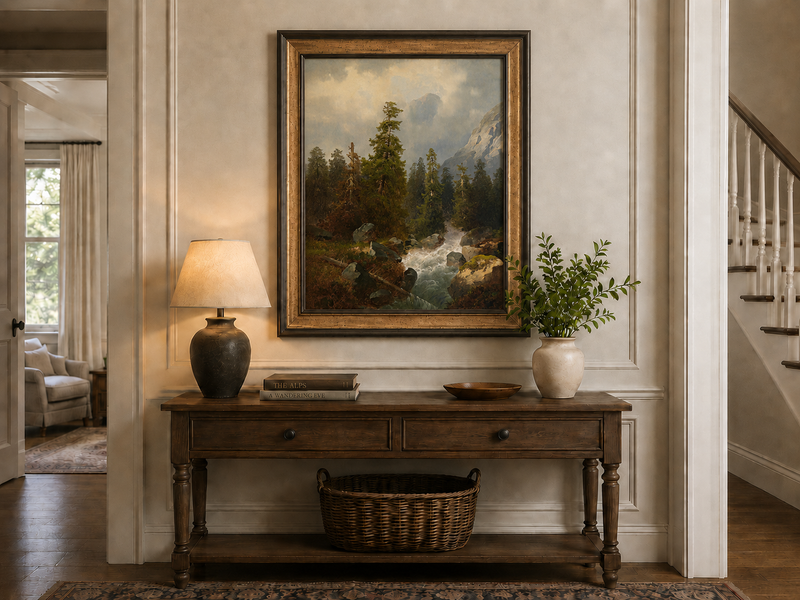 Peinture à l'huile de paysage - Forêt de montagne avec ruisseau.