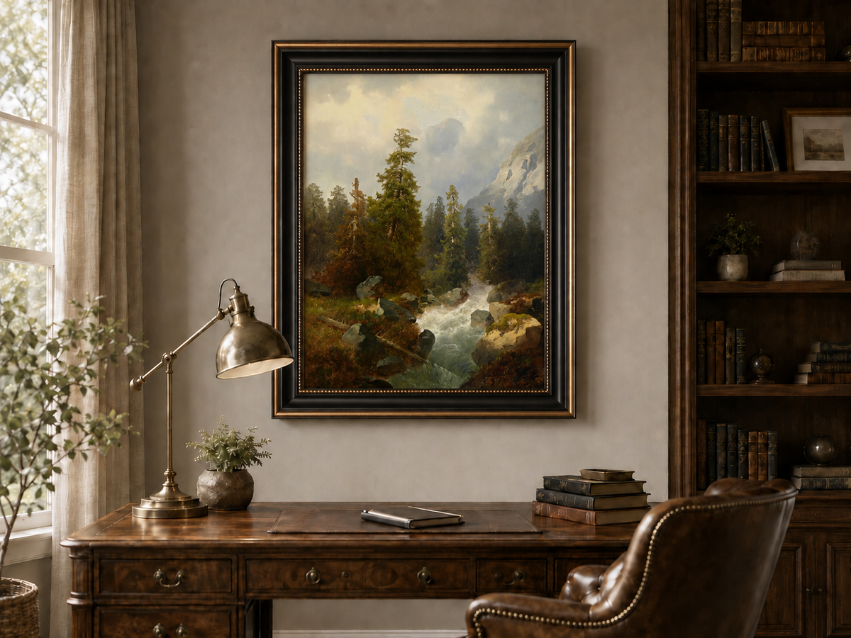 Peinture à l'huile de paysage - Forêt de montagne avec ruisseau.