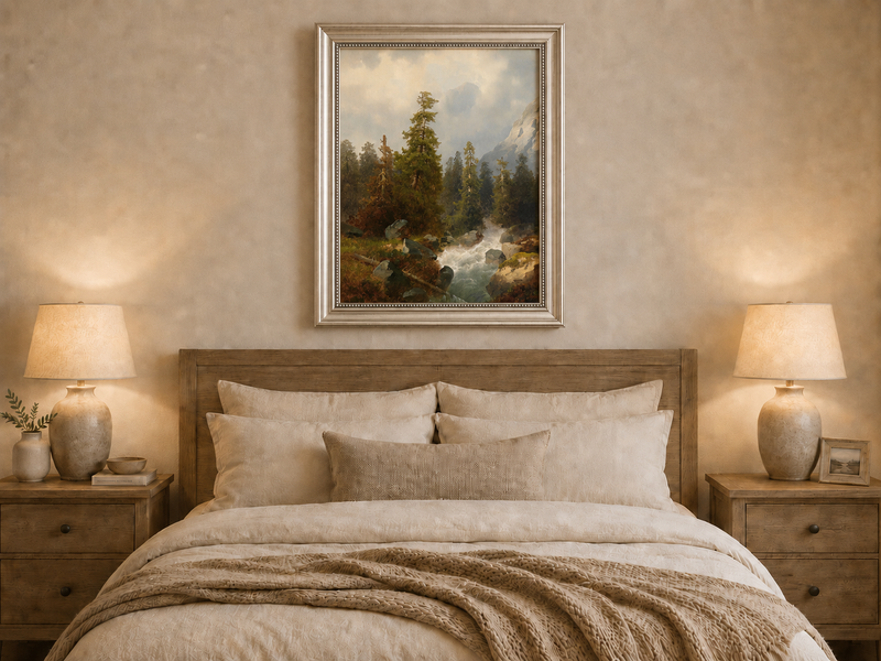 Peinture à l'huile de paysage - Forêt de montagne avec ruisseau.
