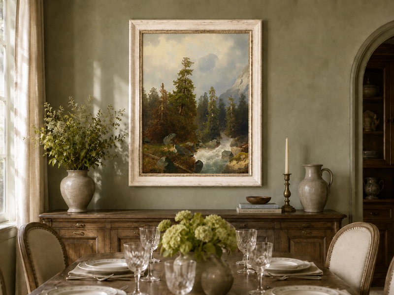 Peinture à l'huile de paysage - Forêt de montagne avec ruisseau.