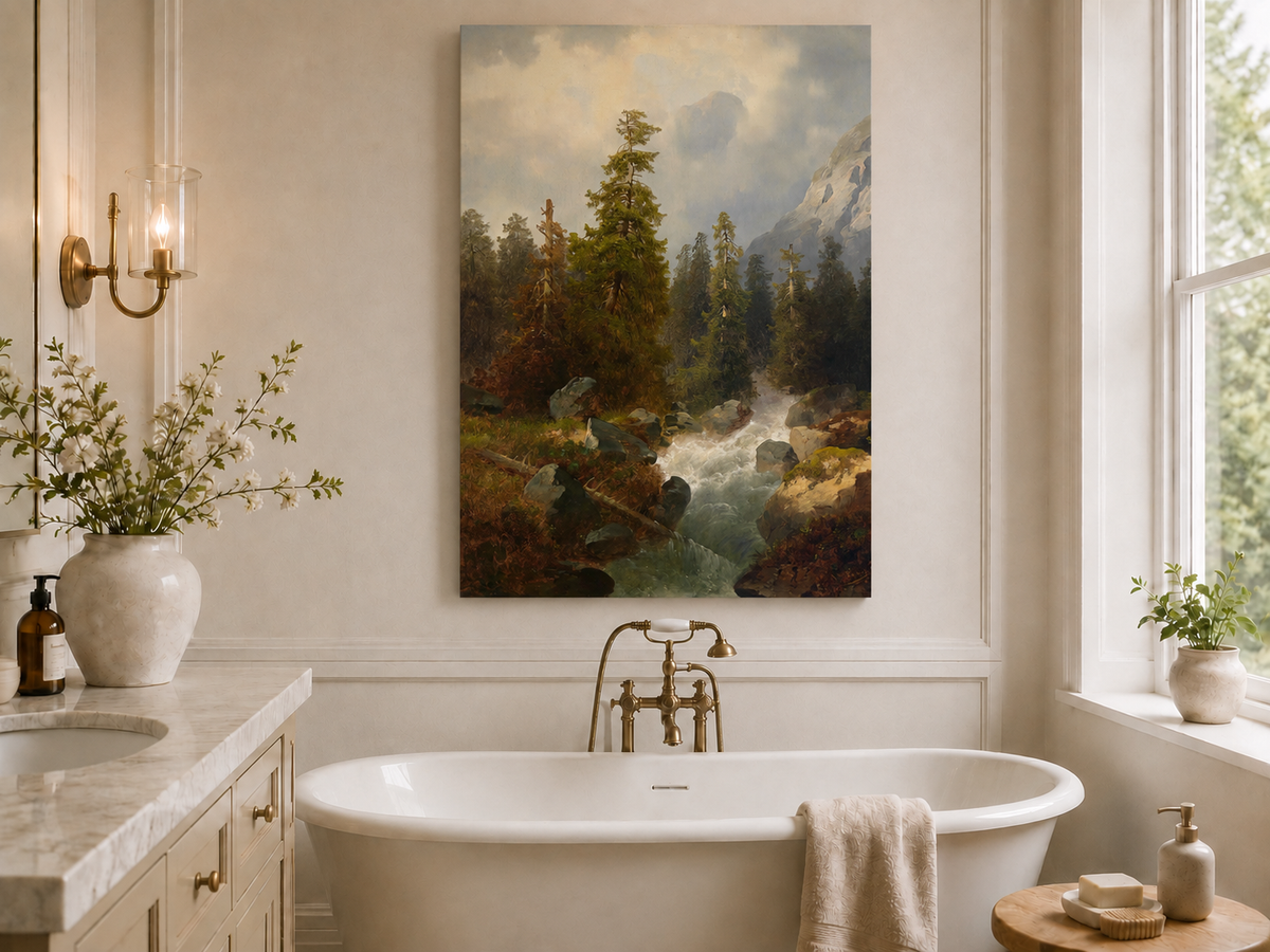 Peinture à l'huile de paysage - Forêt de montagne avec ruisseau.